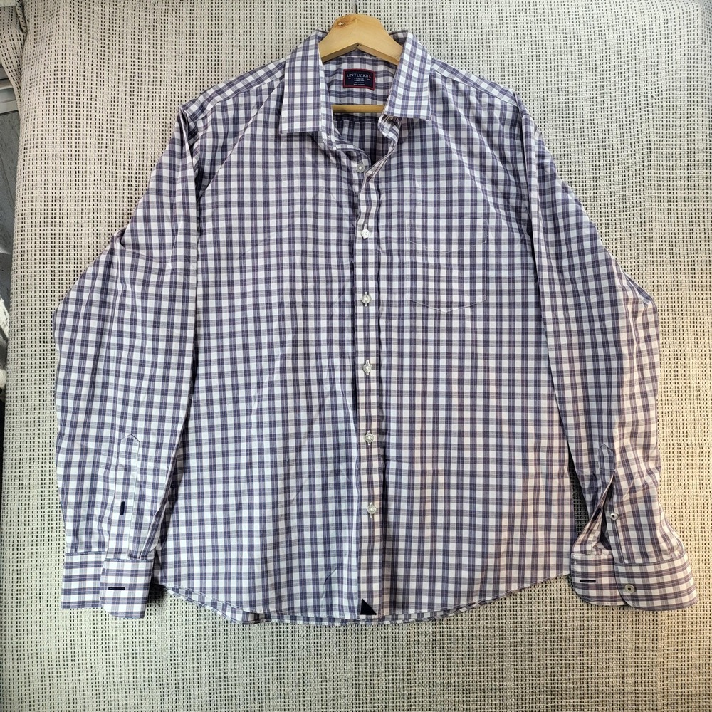 UNTUCKit Shirt Mens‎ XL Blue White Plaid Gingham Wrinkle Free Cotton Button Down